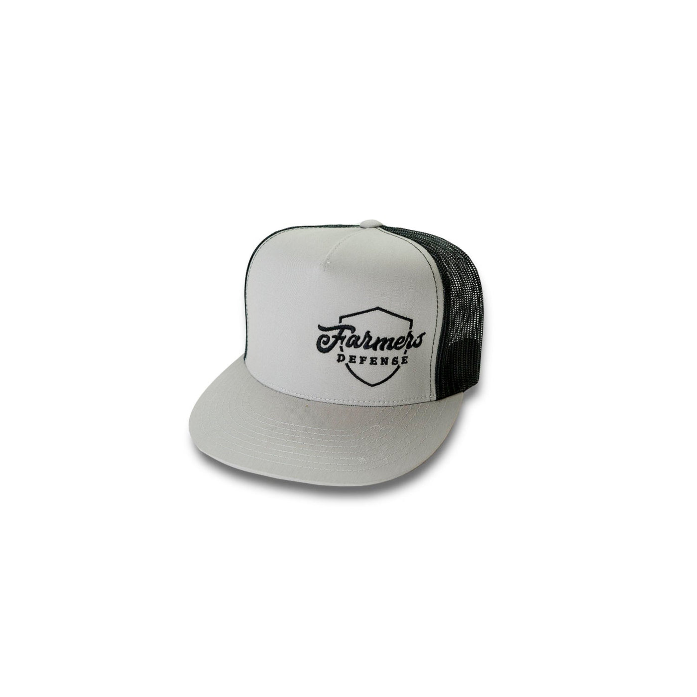 Farmers Defense Trucker Hat -Embroidered Shield Logo - Light Grey on Black