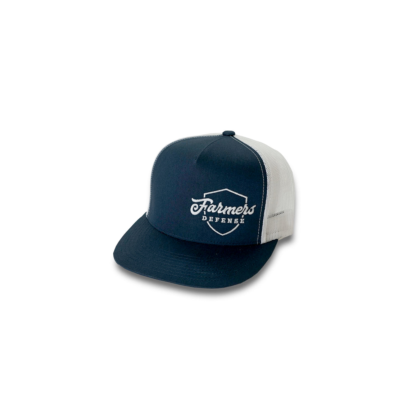 Farmers Defense Trucker Hat -Embroidered Shield Logo Navy on White